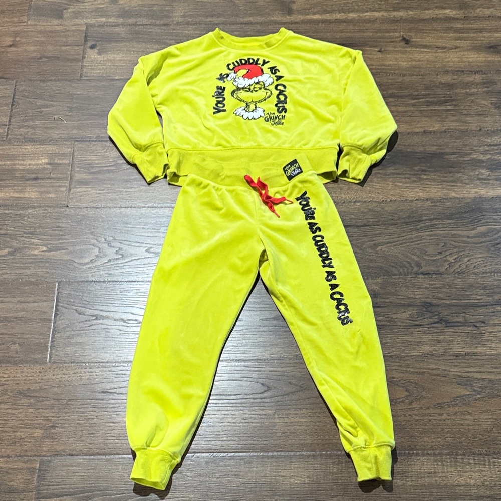 Justice Lime Green Grinch Graphic Sweatshirt and pants.